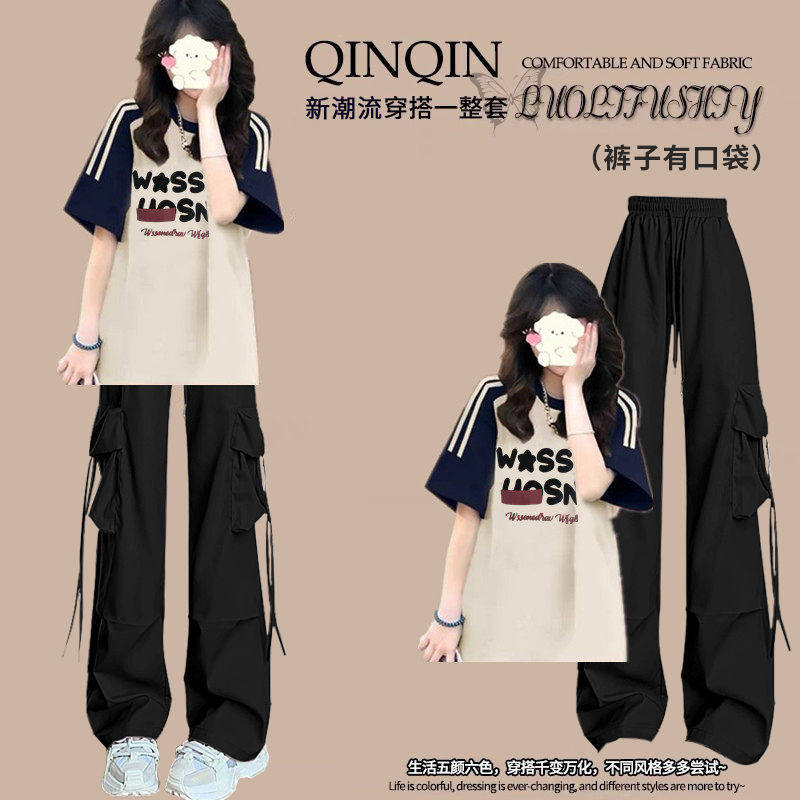 夏天女款初中生套装初中女孩大童学生2026新款短袖T恤休闲工装裤