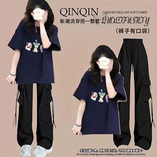 初中生女学院风套装夏日纯棉短袖T恤+直筒工装裤小个子穿搭一整套