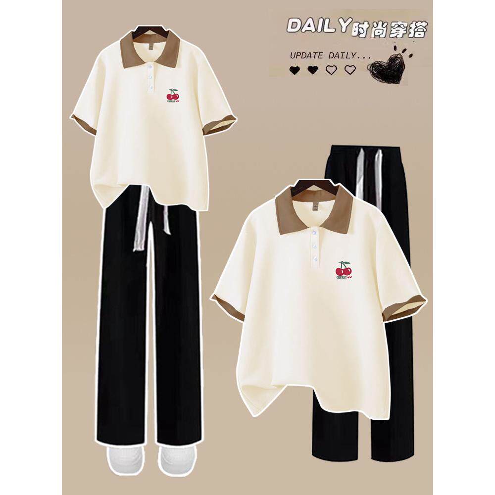 纯棉短袖t恤套装女夏季2026新款少女中学生韩版休闲运动服两件套