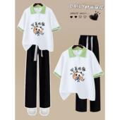 Polo领高中少女休闲裤 初中学生短袖 新款 女2026夏季 两件套 T恤套装