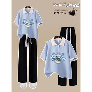 17夏季少女装13初中学生14阔腿裤套装16岁宽松短袖学院风两件套潮