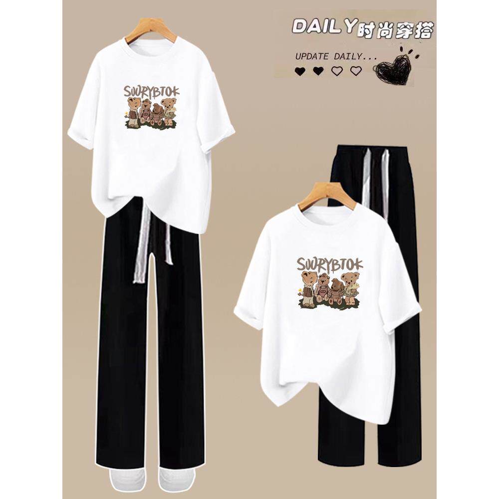 初中生2026夏季少女时尚套装中学生纯棉短袖T恤+休闲阔腿裤两件套