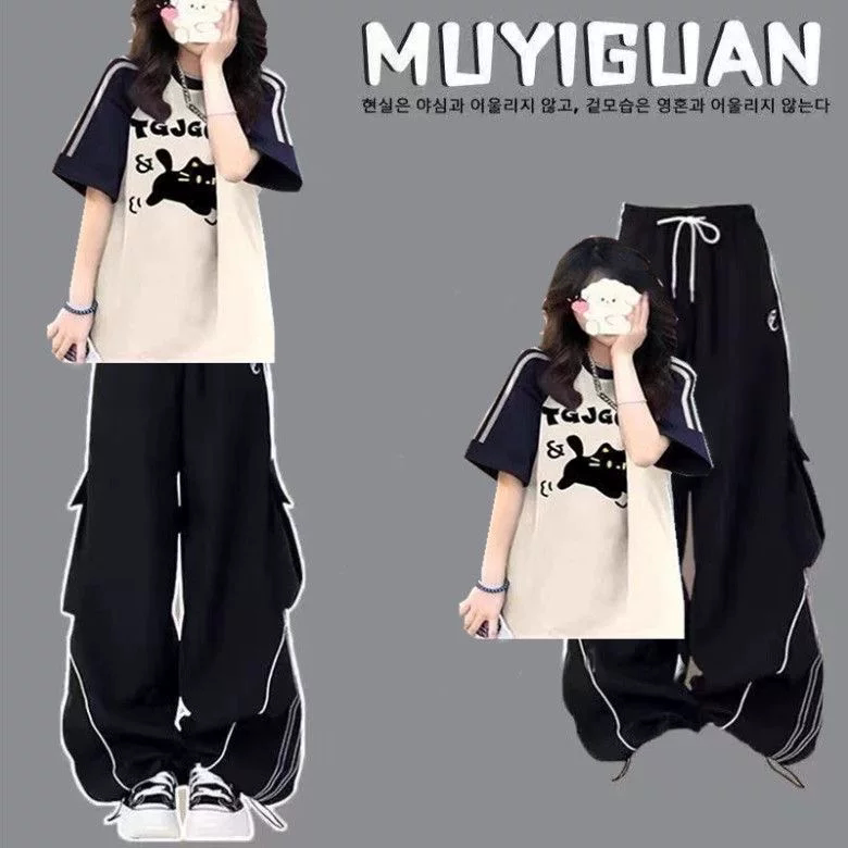 女大童少女中学生2026年学院风高中生夏季纯棉短袖工装裤超火套装