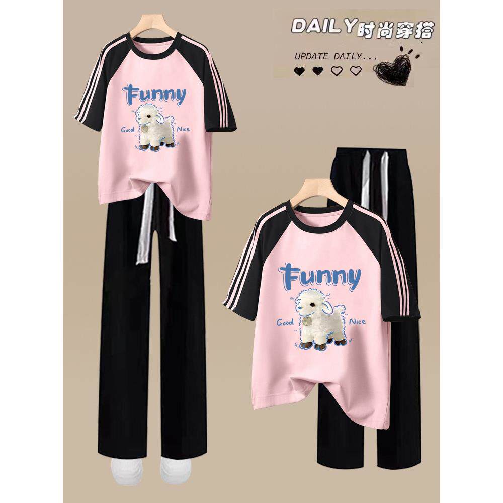 学院风少女高中学生运动套装女初中学生夏季纯棉短袖阔腿裤两件套