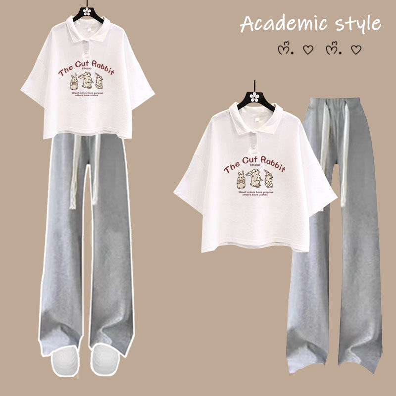 初高中学院风polo领短袖t恤女夏季小个子设计感小众短款上衣套装