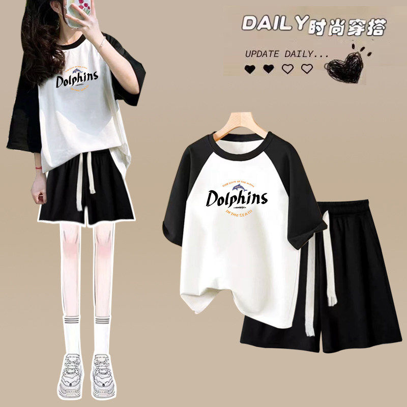 盐系运动服套装女夏季学生韩版宽松时尚短袖短裤休闲两件套跑步