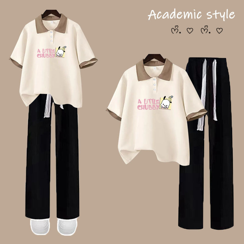 韩式学院风休闲运动服套装女夏季少年感宽松Polo衫短袖长裤两件套