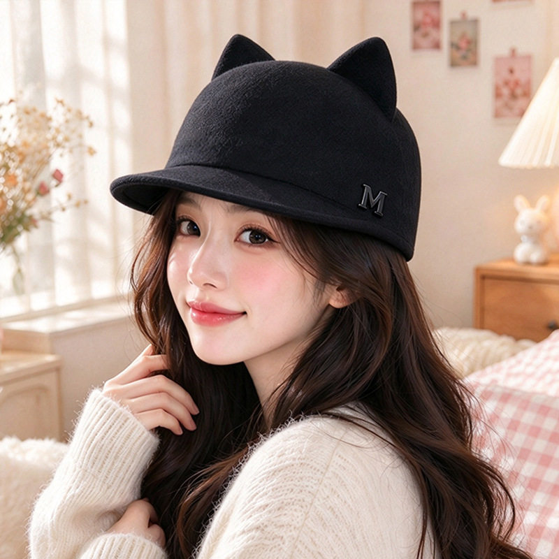 秋冬猫耳显脸小保暖棒球帽女款