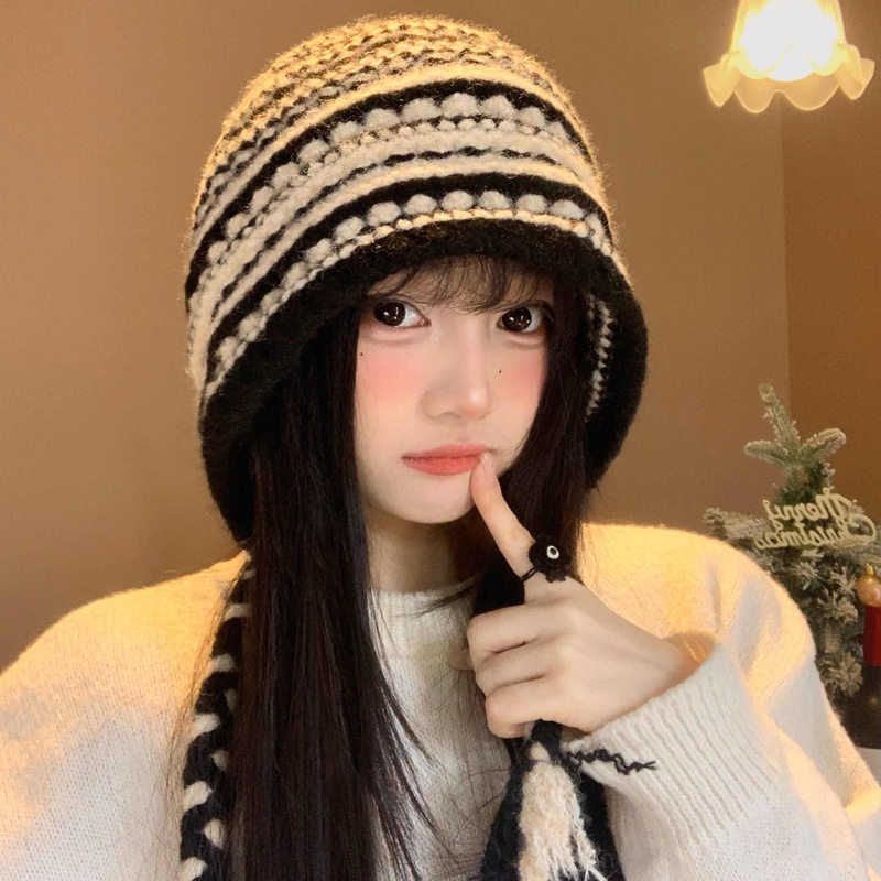 复古条纹秋冬保暖护耳针织帽女