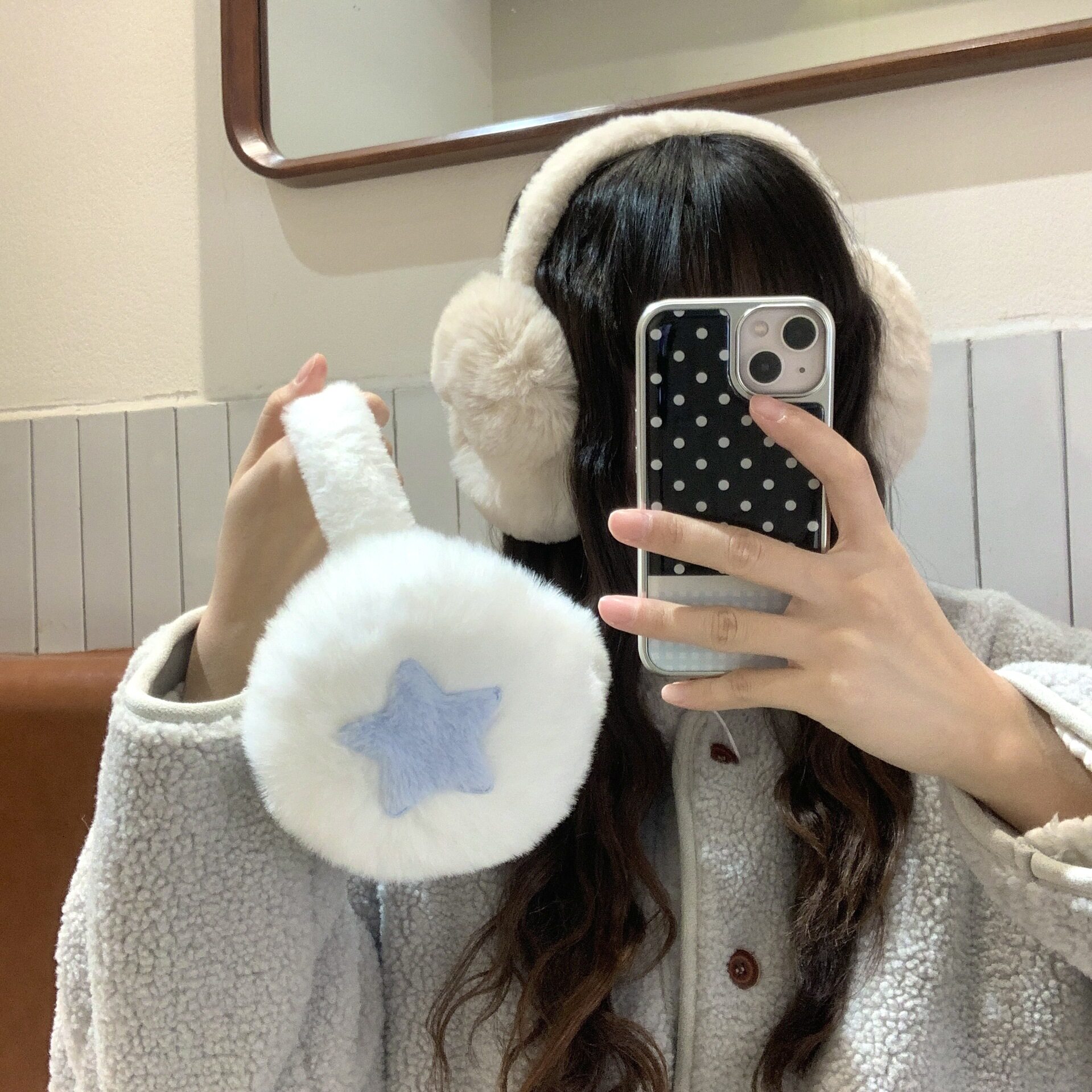 无毛绒高颜值蓝白可爱冬天耳套
