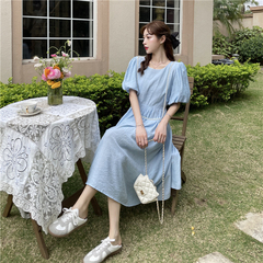 Real price Korean bubble sleeve loose waist dress pearl mid length dress