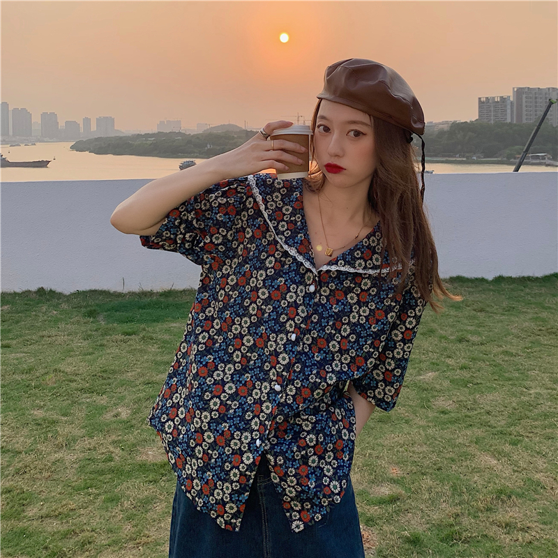 Real Price vintage style design sense broken bud silk edge baby collar fresh Shirt Top