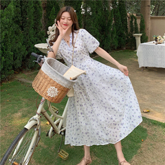 Real price small fresh sweet retro V-neck show small flower dress