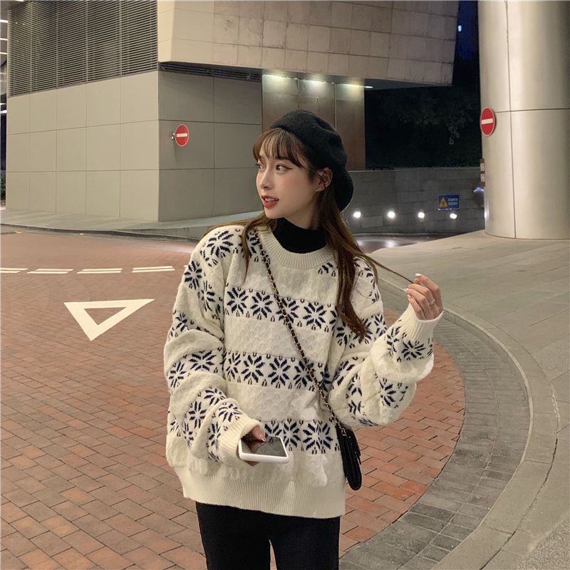 Real shot real price Korean retro lazy style versatile long sleeve Pullover Top snowflake loose sweater