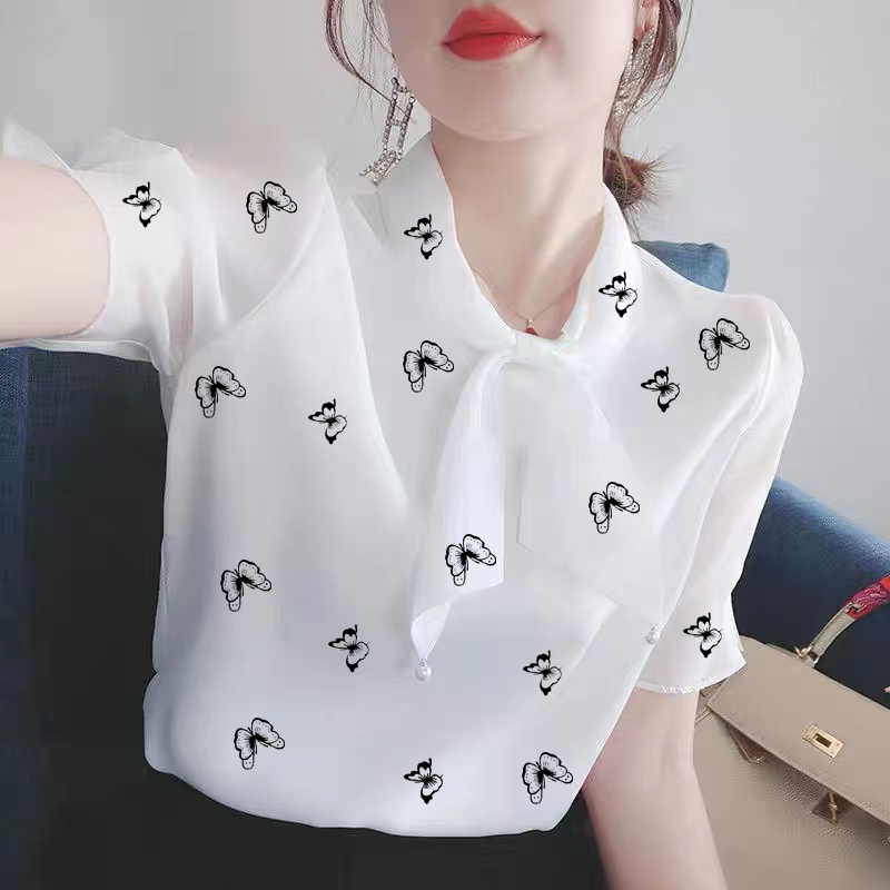 夏季泡泡短袖妈妈装超仙法式小众蕾丝衫/雪纺衫