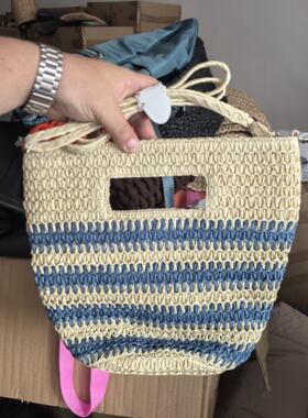 孤品蓝条纹手提单肩邮差斜挎女包沙滩度假穿搭夏天拍照草编包手包