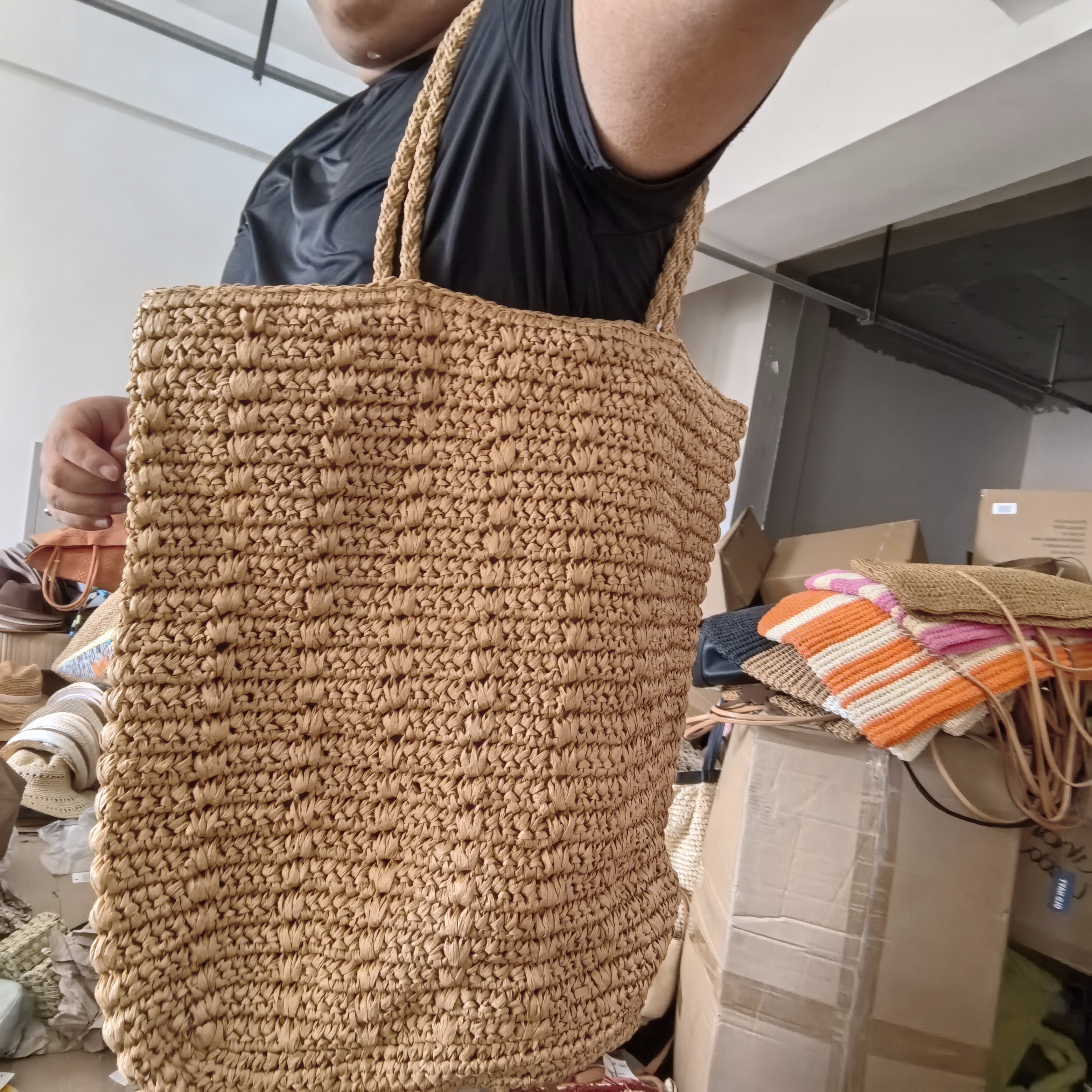 孤品棕色草编织花纹手提长大单肩女包休闲简约设计感穿搭法式度假