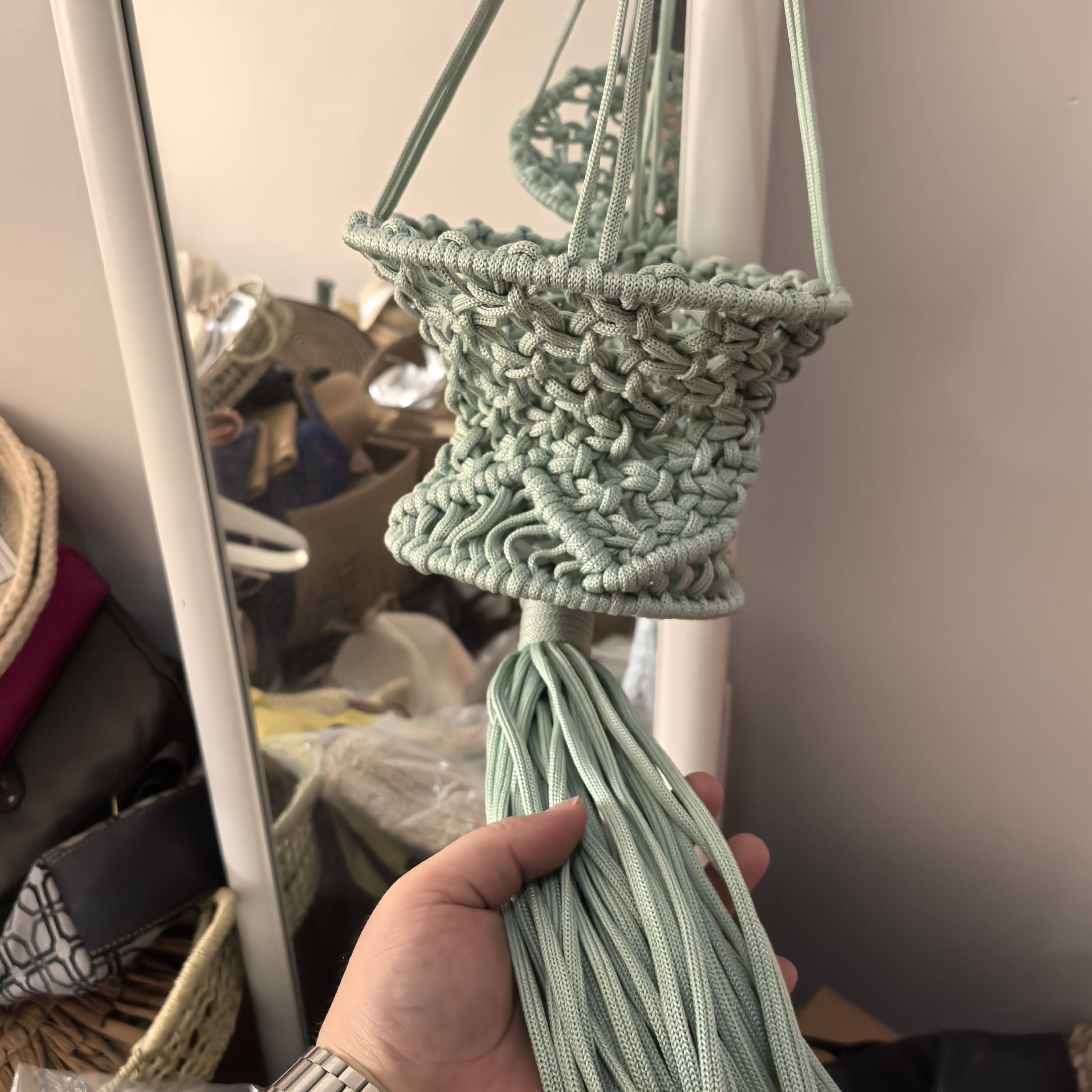 挂件款单只孤品蓝绿球球流苏编织天然草手提女包休闲简约高品质