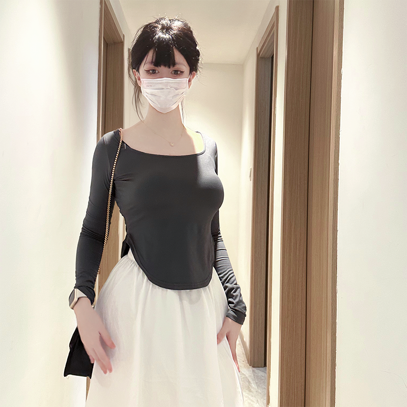 螺纹正肩U领长袖T恤女春秋款修身显瘦叠穿简约纯色内搭短款上衣潮