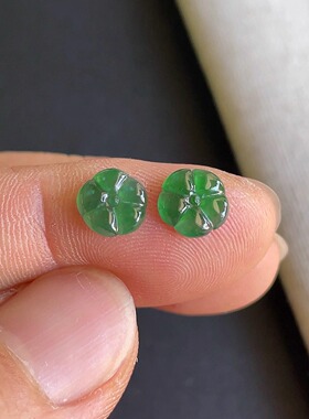 0821-5天然老坑冰种辣绿花开富贵戒面一对翡翠A货送证书 金晶翡翠