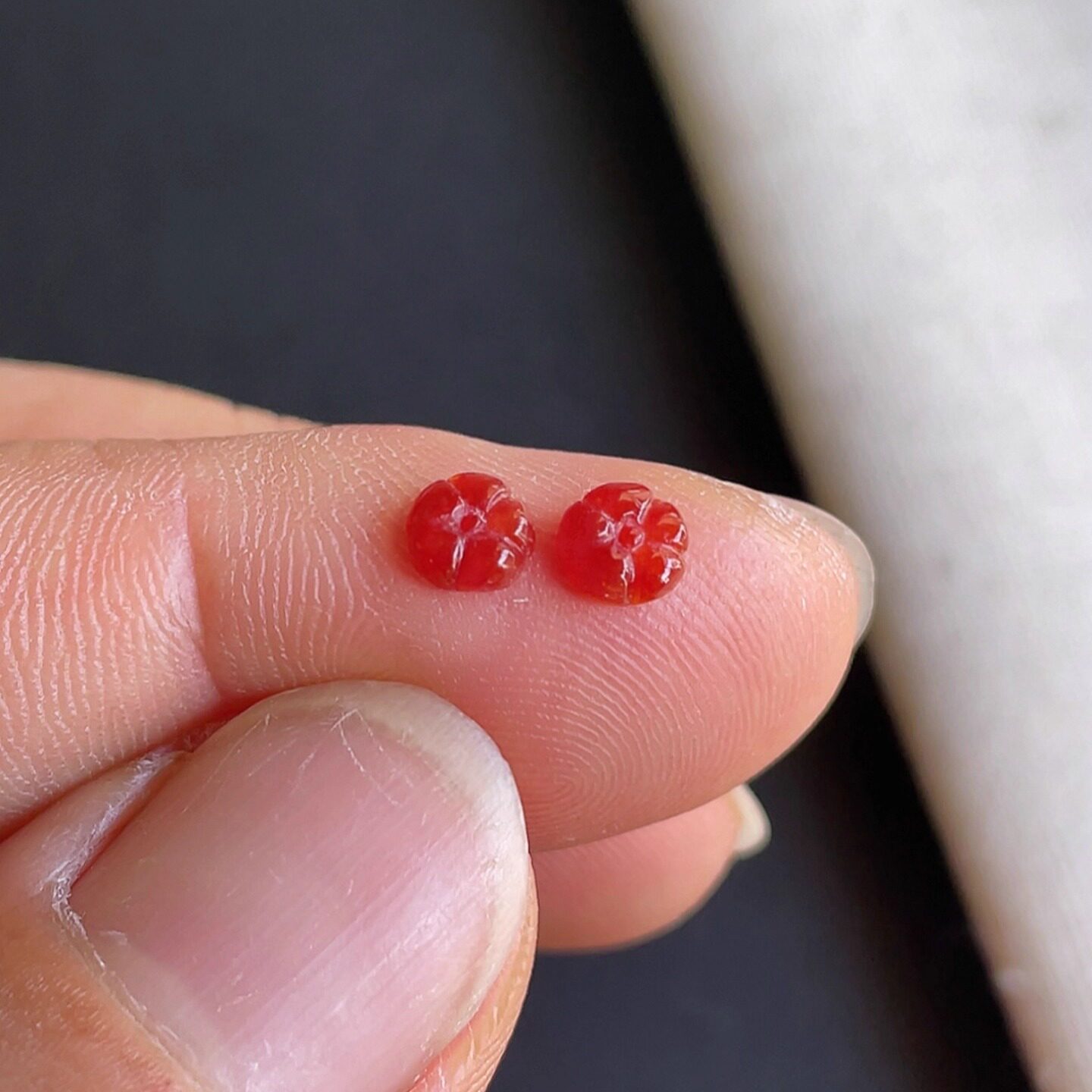 0815-1天然老坑冰种红翡梅花戒面一对 翡翠A货送证书～金晶翡翠