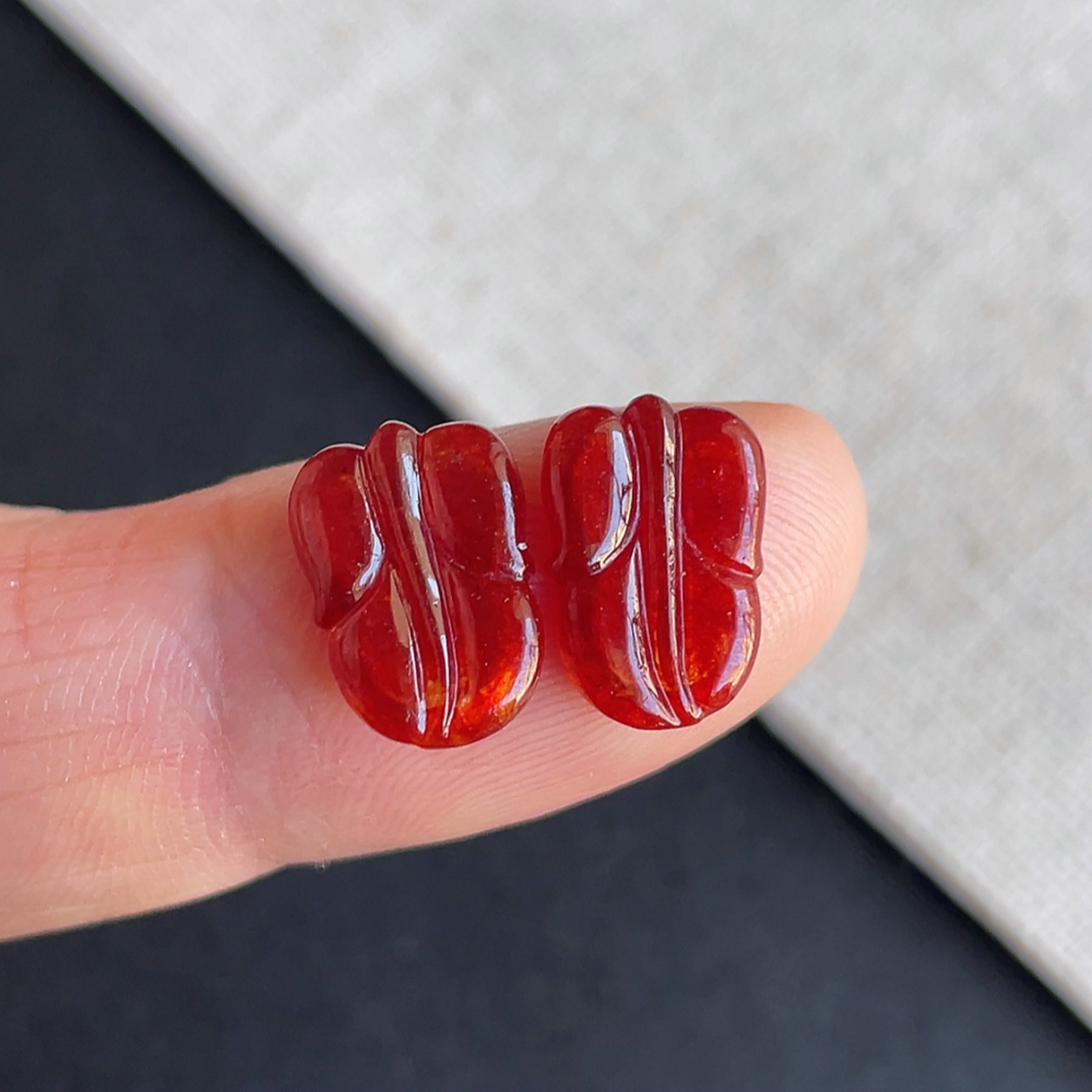 缅甸天然翡翠a货冰种红翡叶子戒面一对玉石耳饰 附证书 金晶翡翠
