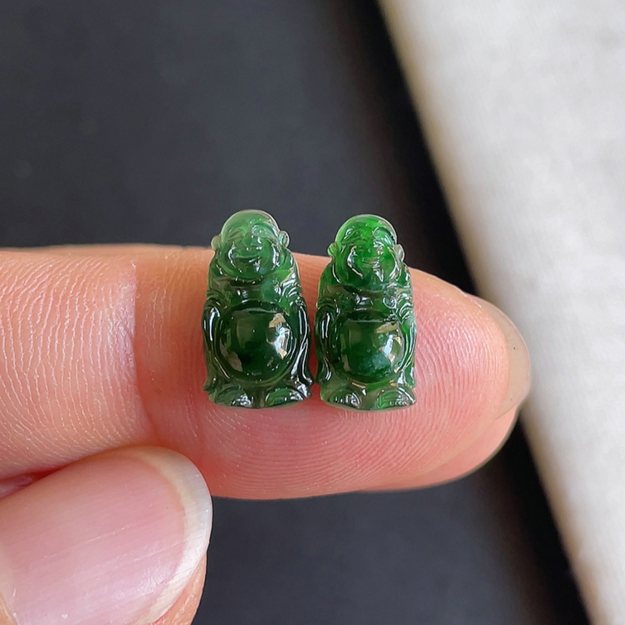 1024-4冰种辣绿佛公戒面一对天然玉石老坑翡翠A货送证书-金晶翡翠