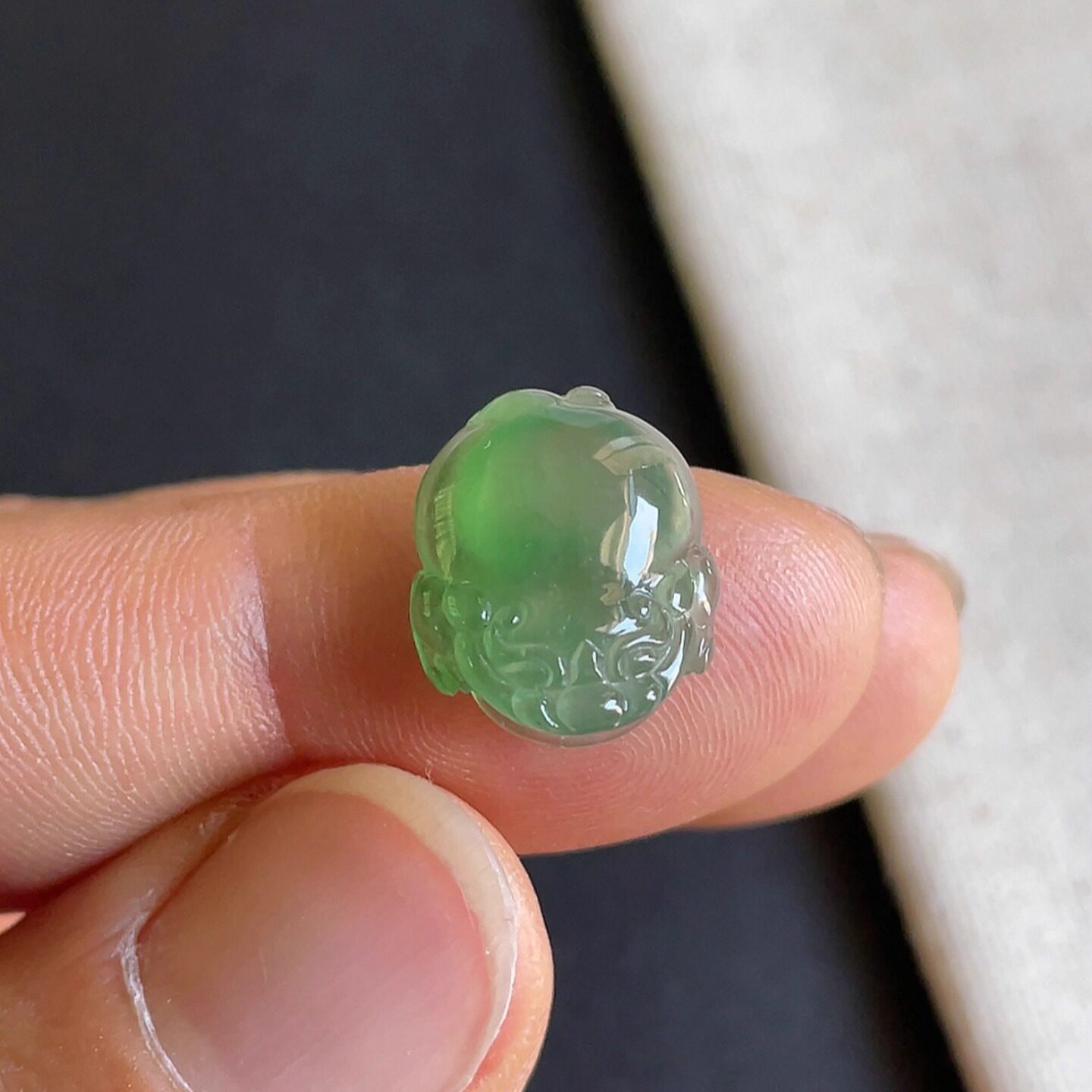 0801-4天然老坑冰种满绿三脚金蟾戒面 翡翠A货送证书～金晶翡翠