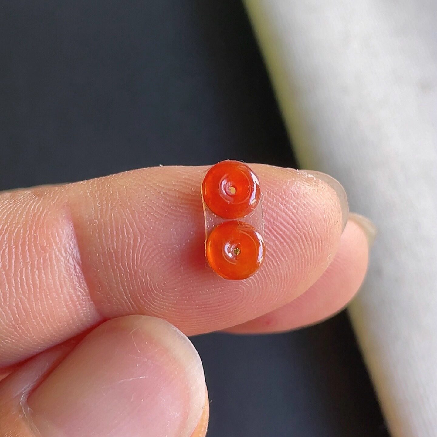 0827-4天然老坑冰种红翡平安扣戒面一对 翡翠A货送证书～金晶翡翠