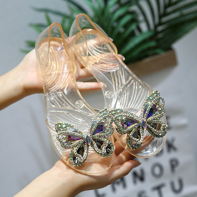 2025夏新款水钻蝴蝶结果冻鞋女平底透明水晶鞋防滑塑料凉鞋沙滩鞋,女鞋,时装凉鞋,淘宝优惠券,粉丝福利购,淘宝优惠卷