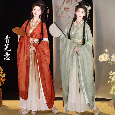 出租青芜意汉服女交领广袖魏晋风齐腰印花破裙仙气战国袍汉服租赁