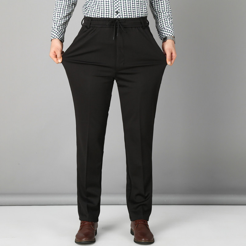 中老年休闲男裤春秋加绒保暖宽松裤爸爸爷爷黑色抽绳高腰松紧裤子