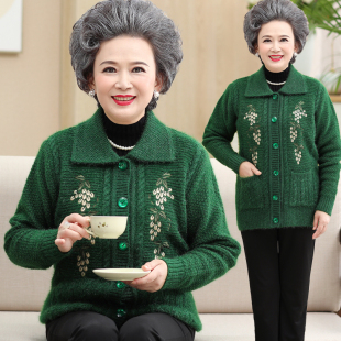 中年女装开衫加厚加绒毛衣中老年妈妈方领绣花上衣奶奶针织衫外套