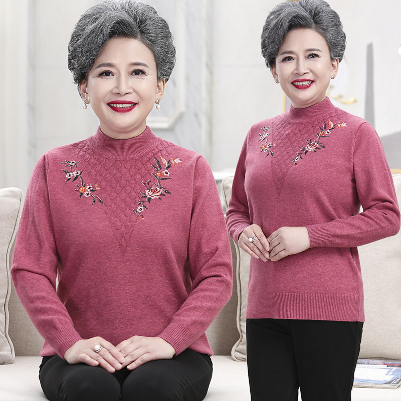 中年妈妈圆领刺绣套头羊毛打底衫
