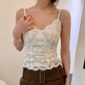 法式 米白V领蕾丝吊带背心女秋冬磨毛一体带胸垫保暖内衣打底上衣