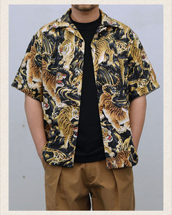 古巴领夏威夷衬衫纯棉浮世绘美式复古机车营地短袖度假衬衫