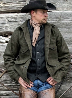 美式复古巡洋舰1000克重磅羊毛呢多袋猎装外套大衣Filson平替