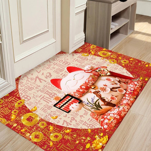 新款喜庆新年地垫红色门垫门厅卧室厨房可水洗耐脏短绒防滑蹭脚垫