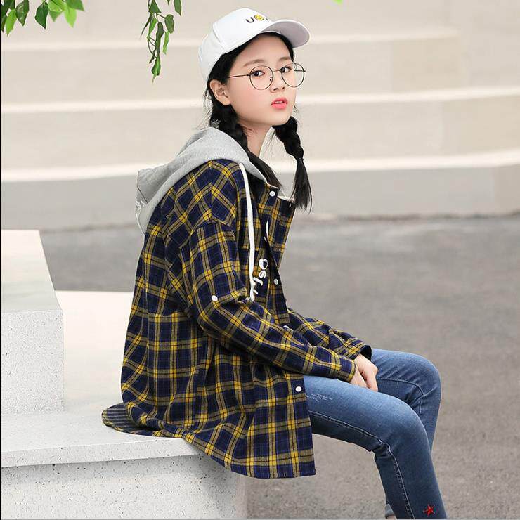学院风春季连帽衬衫女学生韩版宽松长袖格子高中初中生少女外套女在类目 女装/女士精品, 衬衫中 - 来自Buy2taobao.com提供专业的淘宝代购服务