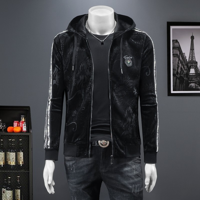 新款2024秋冬新款提花龙金丝绒男士连帽夹克9056P155，男装夹克，钱塘6018（原3088）