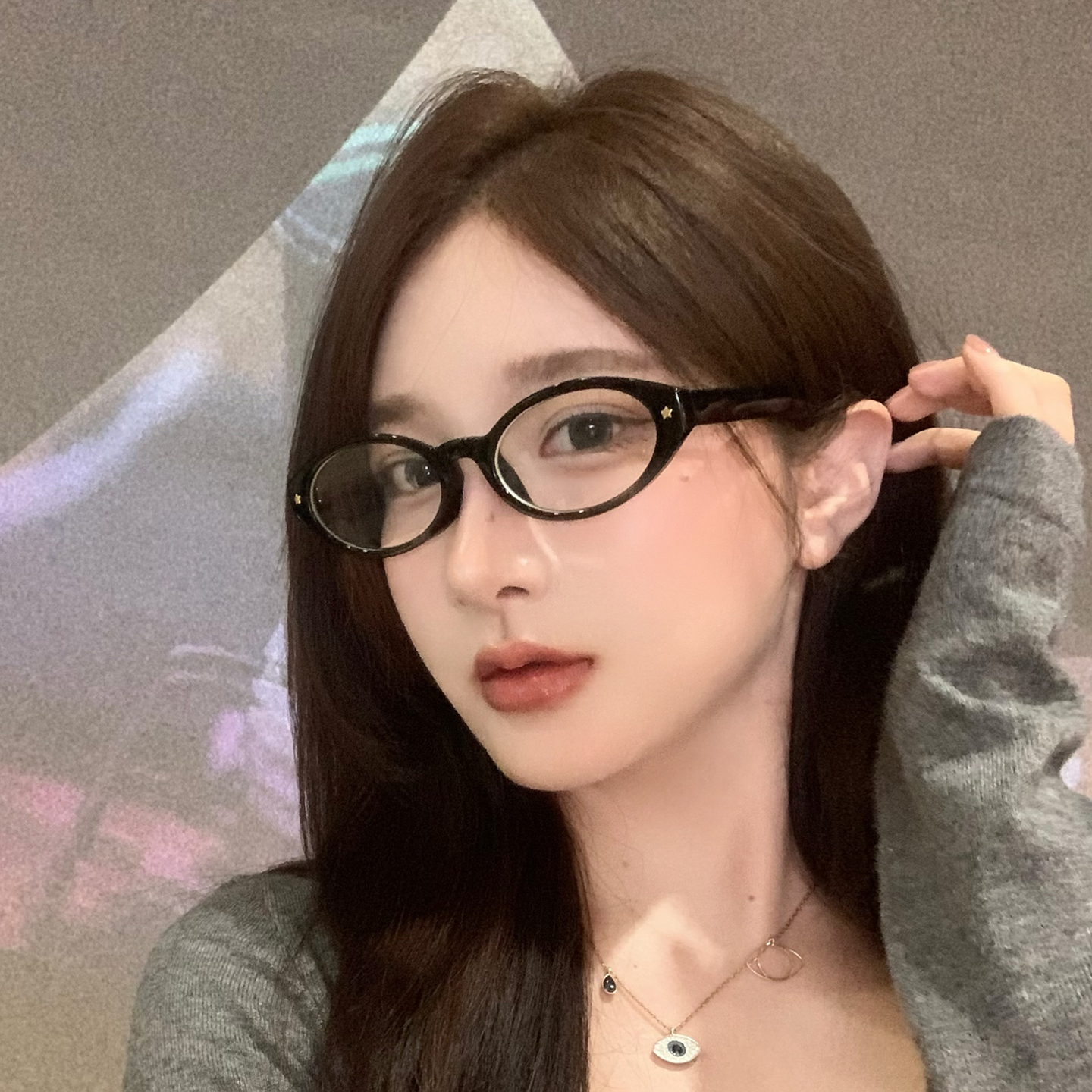 韩系氛围感黑框眼镜女素颜椭圆星星小框时尚平光镜ins风可配度数