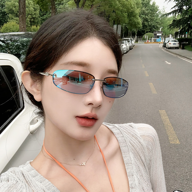 y2k曲面无框蓝色墨镜女欧美辣妹高级感街拍防紫外线凹造型太阳镜