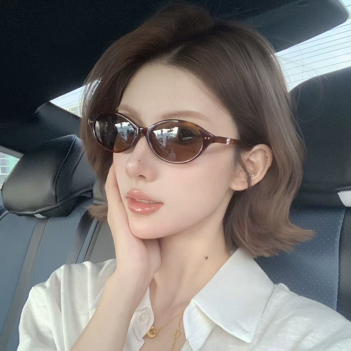 珍珠茶色椭圆框偏光墨镜韩系女显脸小时尚街拍防晒高级感太阳镜潮