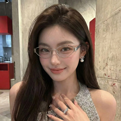 高级感银丝框眼镜女金属猫眼方圆脸素颜神器镜框氛围感近视眼镜框