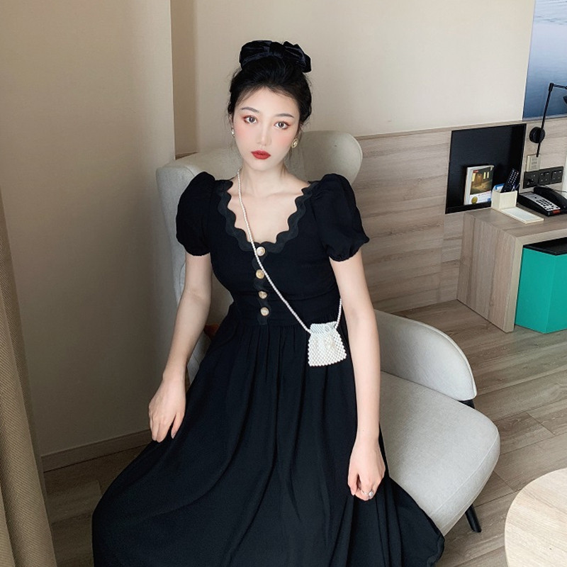 Large yard fat mm French Retro black Dress summer skirt temperament Mid length version Waist Show thin A word skirtin the Women's clothing/Boutique , Large size women  category - from Buy2taobao.com to provide professional Taobao agent buy service