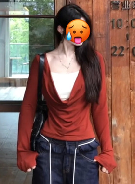 辣妹风红色假两件长袖T恤女春秋荡领修身设计感后背串珠性感上衣