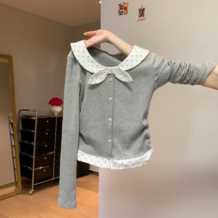 假两件波点蝴蝶结小个子内搭上衣