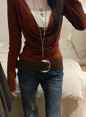 辣妹红色假两件荡领长袖T恤女春秋冬新款设计感串珠装饰打底上衣