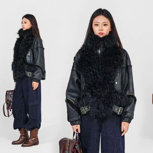W116-皮毛一体拼皮帅气机车服短外套女装秋冬保暖厚毛毛