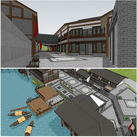 滨水商业街步行街民宿客栈度假村景区建筑草图大师SU模型小船拱桥